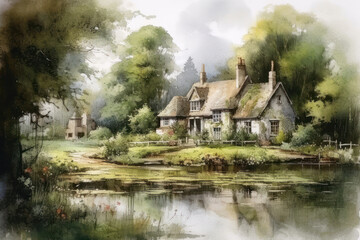 Fototapeta premium old medieval park in English style, watercolor,.Generative AI