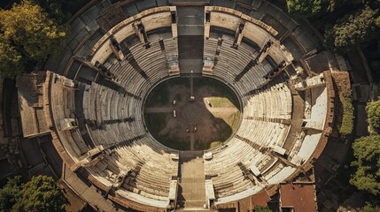 Witness the grandeur of the Virgiliano Amphitheater from above. This aerial perspective captures the sweeping expanse and intricate details of one of Rome's most iconic monuments. 