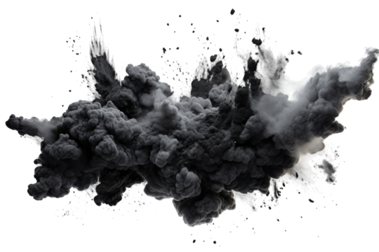 Dark smoke cloud billowing in the air creating an abstract visual effect in a minimalist setting isolated on transparent background