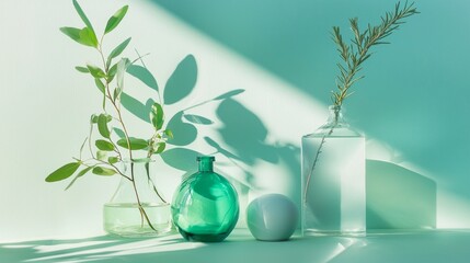 Minimalistic glass vases with fresh plants on pastel backdrop