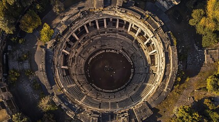 Fototapeta premium Witness the grandeur of the Virgiliano Amphitheater from above. This aerial perspective captures the sweeping expanse and intricate details of one of Rome's most iconic monuments. 