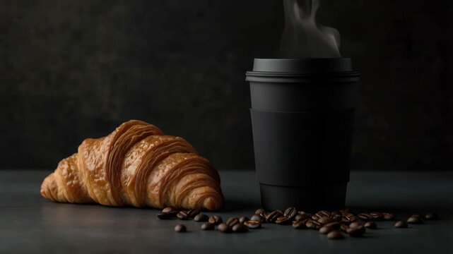 A steaming cup of coffee with some coffee beans beside it, accompanied by a croissant on the table. The background is dark