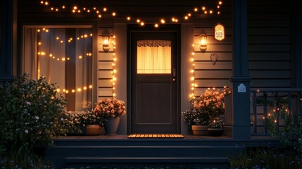 Cozy front porch at night with string lights, a warm glow from the windows, and a welcome mat on the steps generative ai