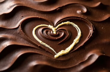 Background of waves of melted chocolate (white, milk, bitter, dark) with the image of a heart. Valentine's Day. Love. World Chocolate Day
