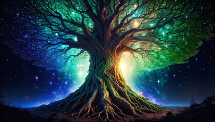 Glowing magical tree of life standing in a starry night sky