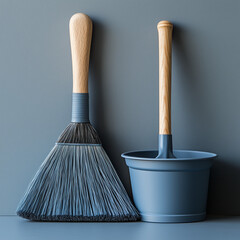  Blue broom and dustpan on blue surface.