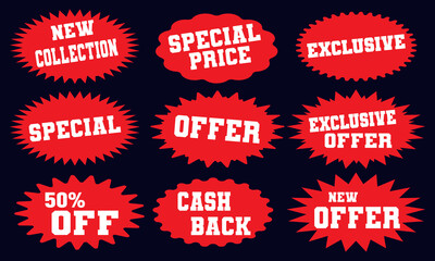 Price sticker, sale sticker, price tag, starburst, quality mark, Sunburst retro sale badge, quality signs, sale icons. stickers with sale discount text. Sale quality tags and labels. eps10