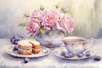 delicate still life with roses, dessert and a cup of tea, gourmet morning breakfast, tea drinking., watercolor painting , Generative AI