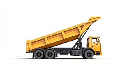 Fototapeta premium Yellow dump truck unloading, studio shot, white background, construction