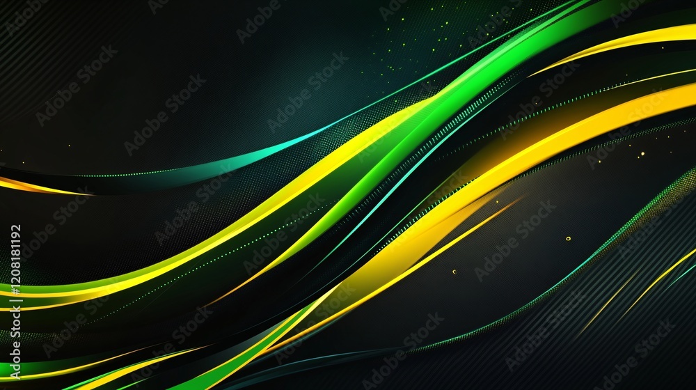Poster abstract wave patterns in green and yellow create a dynamic and modern look.