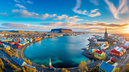 Obraz premium Stunning panorama of Reykjavik city capital of Iceland, beautiful architecture