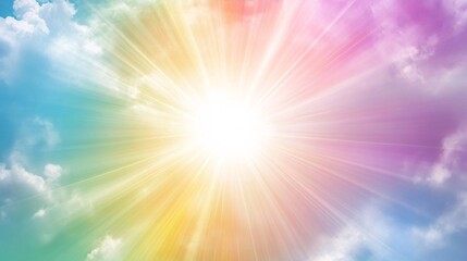 A vibrant burst of sunlight breaks through colorful, fluffy clouds, creating a rainbow-like glow in the sky.