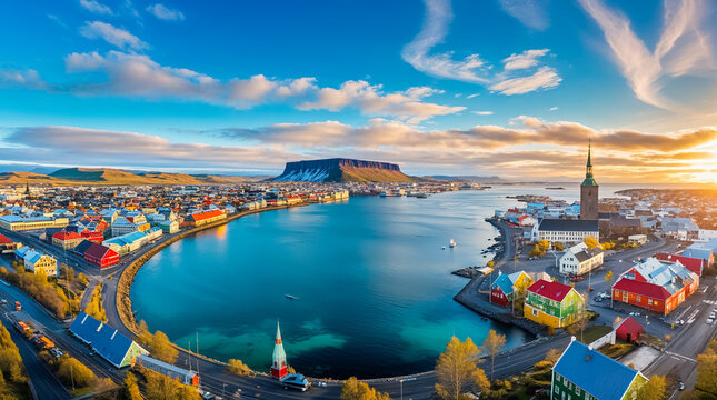 Fototapeta Stunning panorama of Reykjavik city capital of Iceland, beautiful architecture