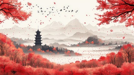 A beautiful landscape with a red and white background and a red