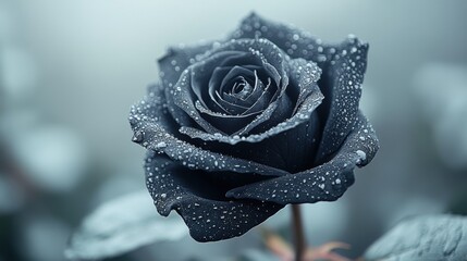 Elegant dark rose with dew drops in serene natural setting