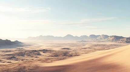 A serene desert landscape featuring rolling sand dunes and distant mountains under a clear blue sky.