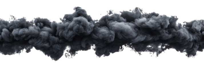 Thick black smoke billows against a white isolated background in a dramatic display