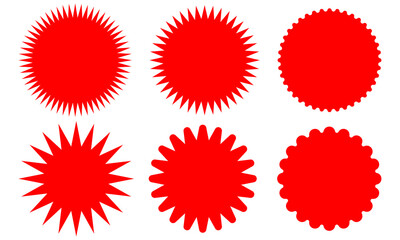 Set of red price sticker, sale or discount sticker, sunburst badges icon. Stars shape with different number of rays. Special offer price tag. Red starburst promotional badge set, shopping labels eps10