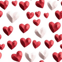 Colorful red and pink faceted hearts create a romantic pattern on a white background
