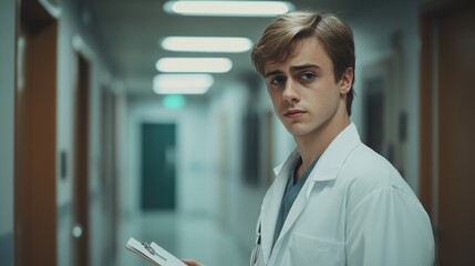 Obraz premium Doctor in white coat holding a stethoscope, medium shot, arms crossed, slightly blurred hospital corridor background, generative ai