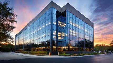 Modern Office Building Exterior at Dusk with Reflective Glass