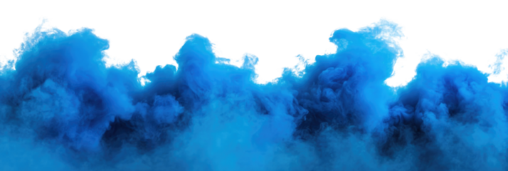 Thick blue smoke billowing across a white isolated background with a transparent effect