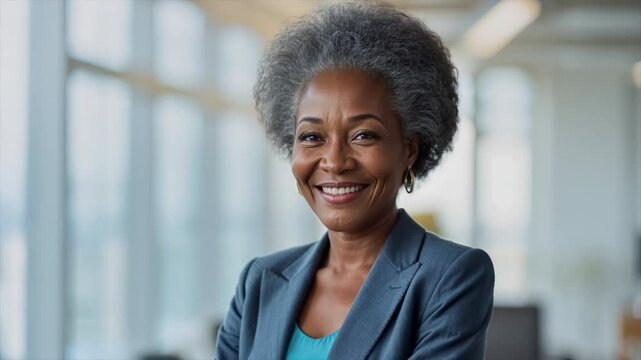 A confident old woman smiling with crossed arms in a professional office environment. Success and institutionalization. 03-1.