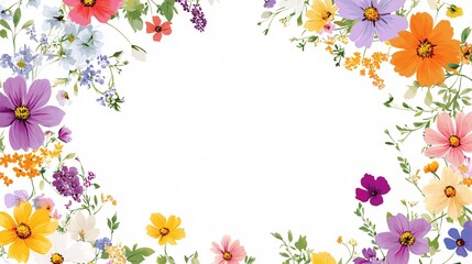Obraz premium A vibrant floral border featuring a variety of colorful flowers in shades of orange, purple, yellow, and white.