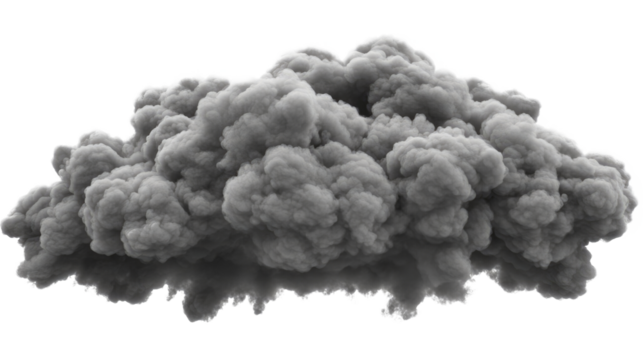 Thick gray smoke cloud rises against white isolated background creating a mystical atmosphere