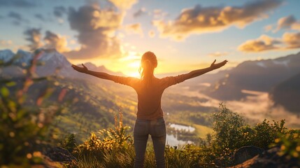 A young Caucasian woman stands with arms outstretched, embracing a stunning sunset over a valley.