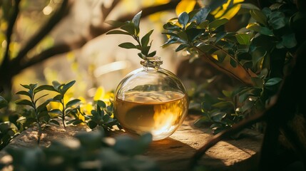 Glass jar with herbal infusion in natural greenery