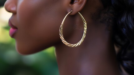 A woman with long hair and gold hoop earrings