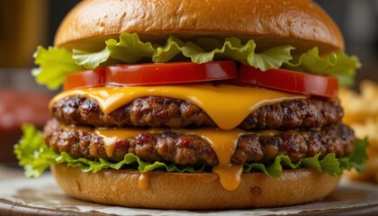 A juicy double burger with two layers of beef patty topped with melted cheddar cheese