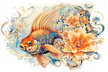 Fototapeta premium goldfish in Russian style with a very long tail on a light background., watercolor style, Generative AI