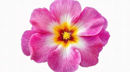 Bright Pink Primula Flower with Yellow Center Isolated on White Background