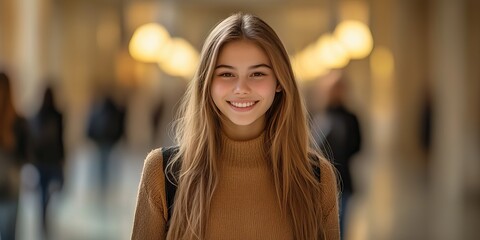 Fototapeta premium A college student stands proudly in a bustling university corridor, celebrating Women's Day