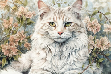 gorgeous fluffy long-haired white cat surrounded by flowers, spring, flowering trees, watercolor,.Generative AI