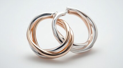 Fototapeta premium Double hoop earrings with intertwined rose gold and platinum bands, minimalist design, polished finish generative ai