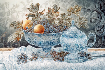 winter frosty still life with frost and snow in retro style, illustration., watercolor style, Generative AI