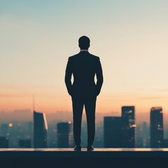 Fototapeta premium A silhouette of a man in a suit stands on a ledge, overlooking a city skyline at sunset, evoking a sense of ambition and contemplation.