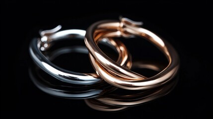 Fototapeta premium Double hoop earrings with intertwined rose gold and platinum bands, minimalist design, polished finish generative ai