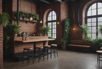 An inviting restaurant featuring tables, stools, and an exposed brick wall