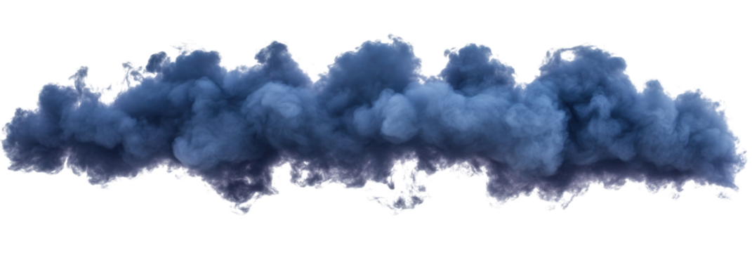 Thick ultramarine colored smoke cloud on a white isolated background creating an artistic effect