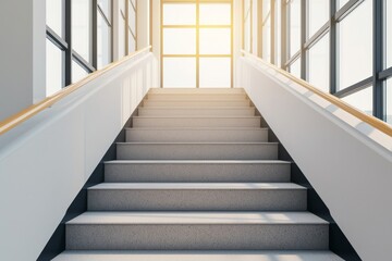 A bright staircase leads upward, flanked by large windows, creating an inviting atmosphere filled with natural light.