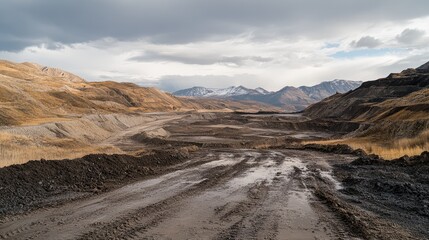 Landscape of open cast mining site showcasing earth movement and natural features reflecting industrial impact on the environment