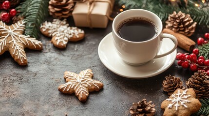 Cozy New Year setting featuring a cup of coffee and festive cookies with pinecones and decorations on a stylish table display