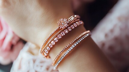 A woman is wearing a gold and pink bracelet with a flower charm