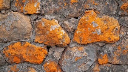Textured panorama of weathered orange and brown concrete stone wall background featuring irregular stones, ideal for graphic design or text overlay.