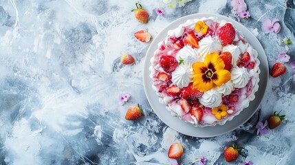 Vibrant Strawberry Passion Fruit Cake with Meringue and Edible Flowers on Gray Marble Surface Healthy Vegan Dessert Minimalist Presentation