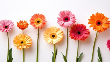 Colorful arrangement of orange pink and yellow spring flowers with green stems against a clean white background in a light minimalistic setting.